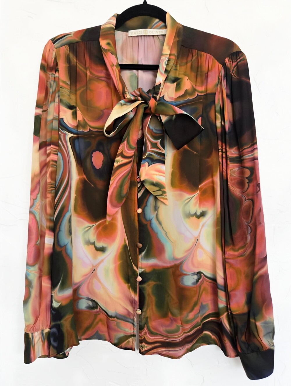 Marie Oliver Dyed Oil Orange Green Brown Tie Bow Neck Button Up Top, L